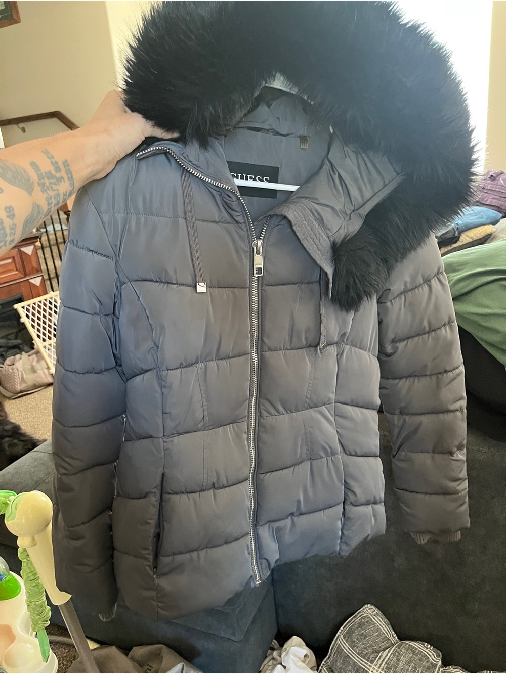 Guess Gray Quilted Hooded Puffer with Black Faux Fur Trim